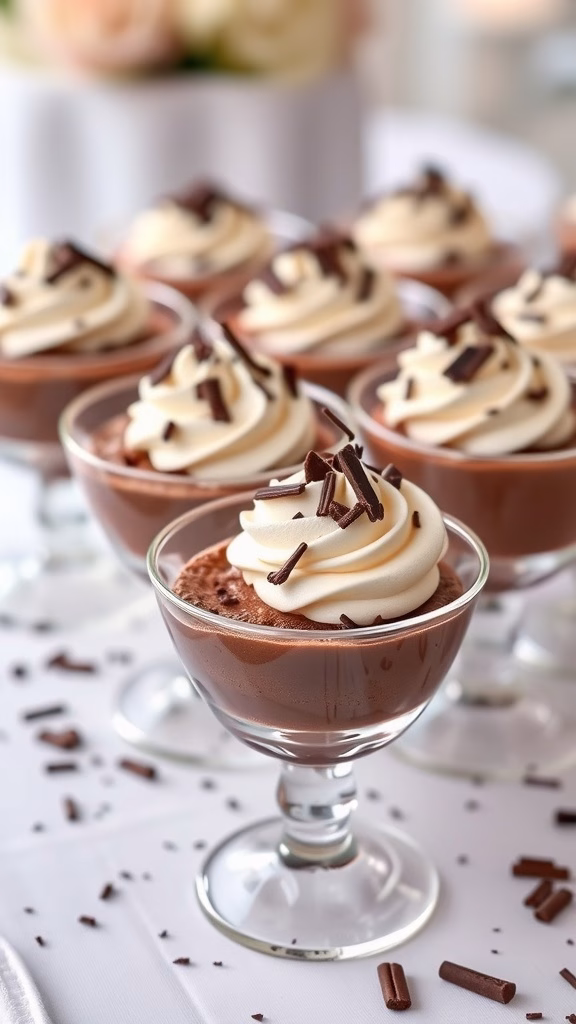 Delicious chocolate mousse cups topped with whipped cream and chocolate shavings