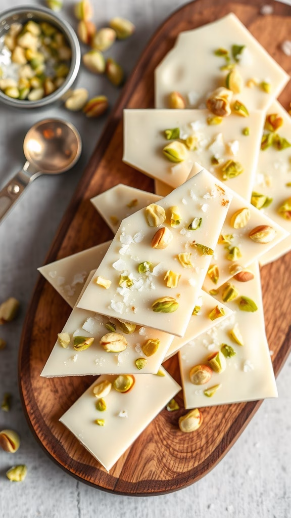 Delicious pistachio white chocolate bark topped with chopped pistachios and sea salt.