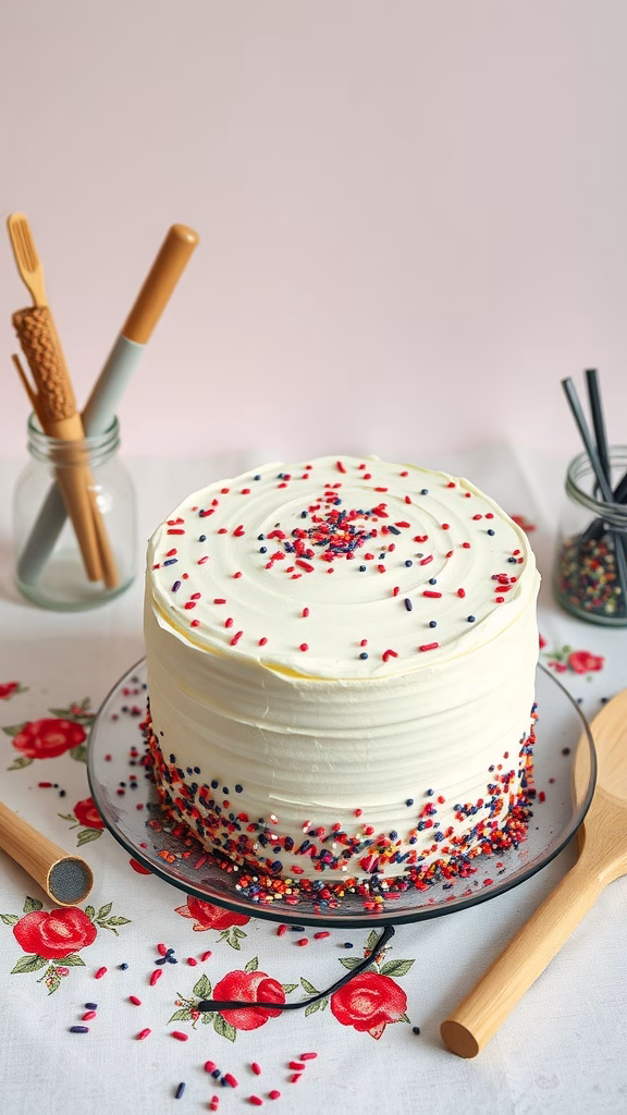 A decorated cake with white frosting and colorful sprinkles on a floral tablecloth, accompanied by baking tools.