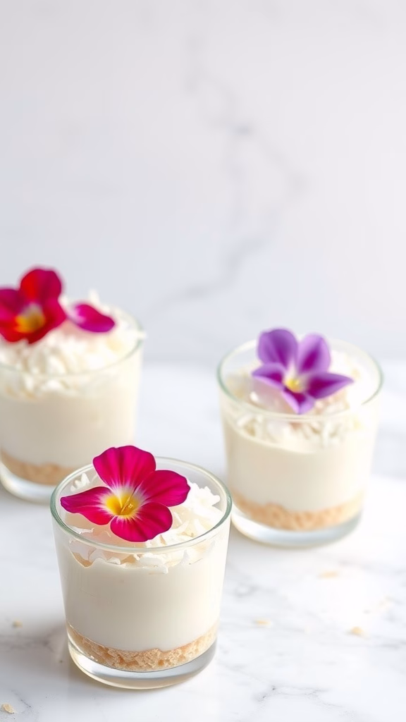 Delicate coconut mousse cups with flowers on top