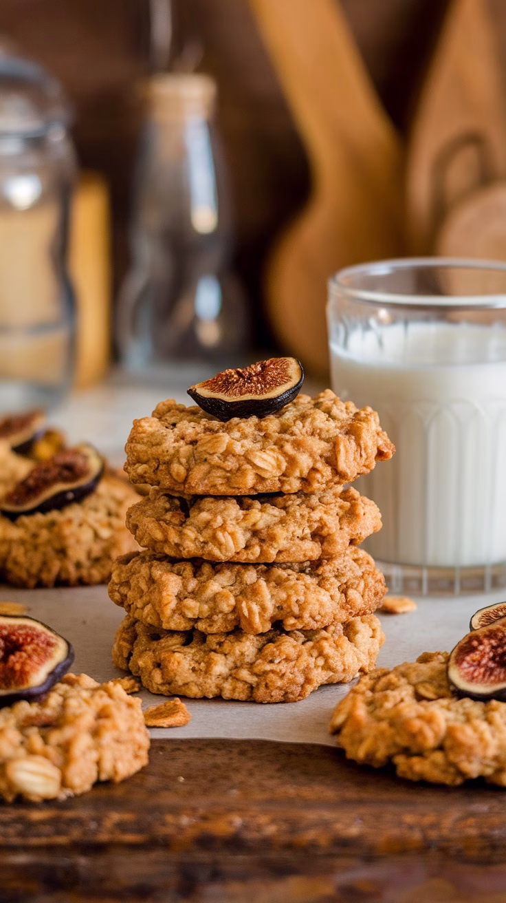 Delicious dried fig and oatmeal cookies stacked with a glass of milk on the side.
