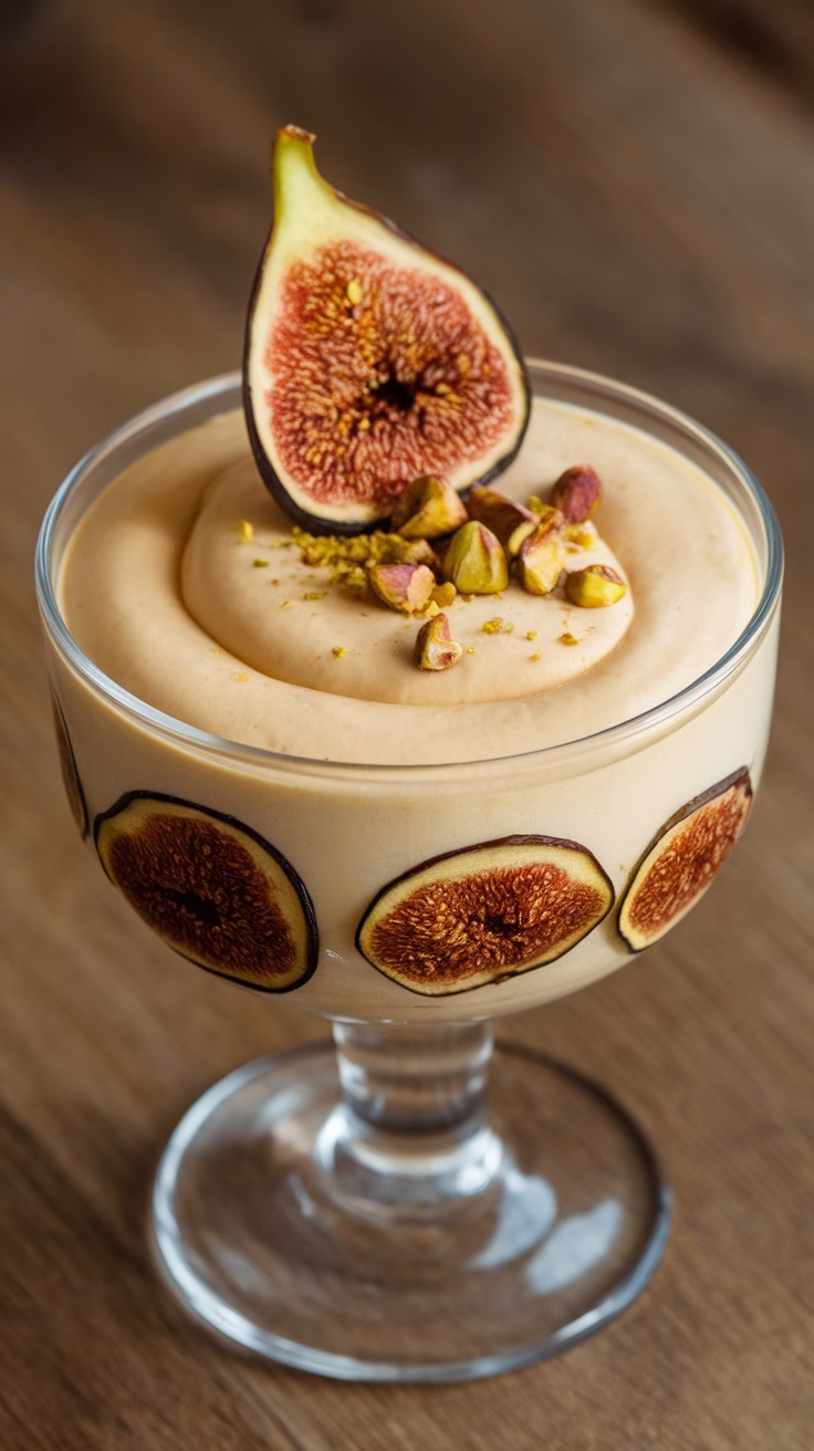 A creamy mousse topped with fig slices and chopped pistachios in a glass dish.