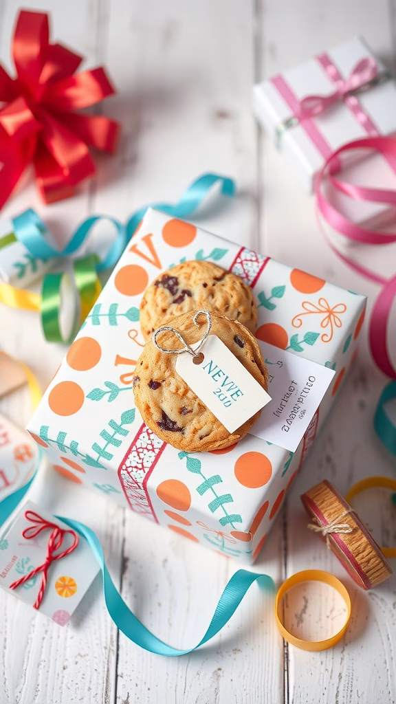 A beautifully wrapped gift with cookies on top, showcasing edible cookie decorations.