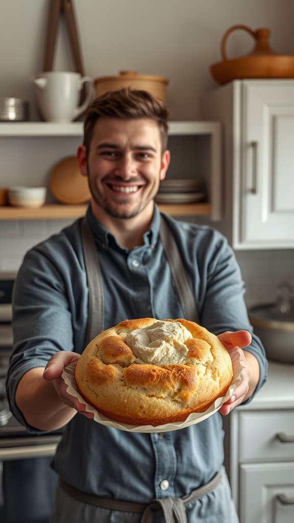 A happy person holding a loaf of bread in the kitchen with cream on top.