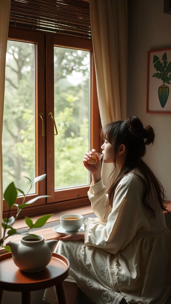A woman enjoying pandan tea while looking out the window, embodying relaxation.