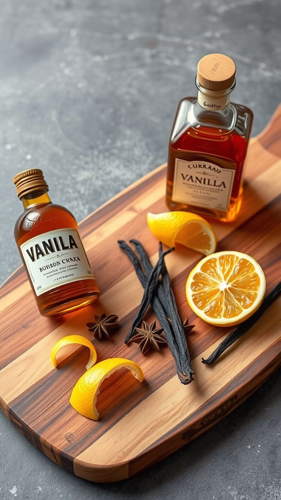 Ingredients for vanilla extract including vanilla beans, lemon, and star anise on a wooden cutting board.