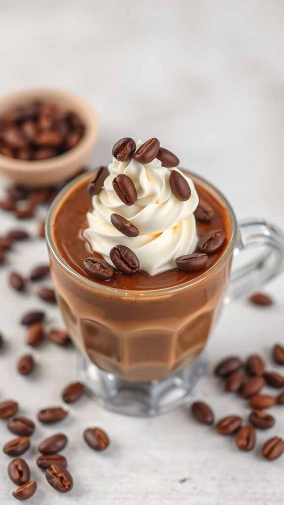 A delicious cup of espresso pudding topped with whipped cream and coffee beans