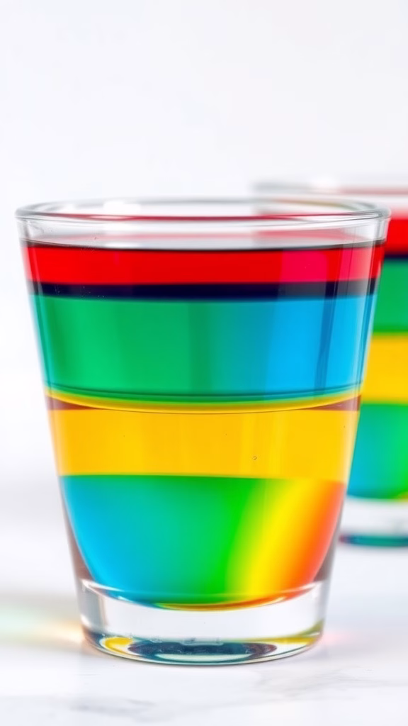 Colorful layered jello cups showcasing a rainbow effect.