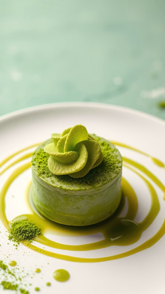A beautifully presented matcha mousse topped with a swirl of matcha cream.