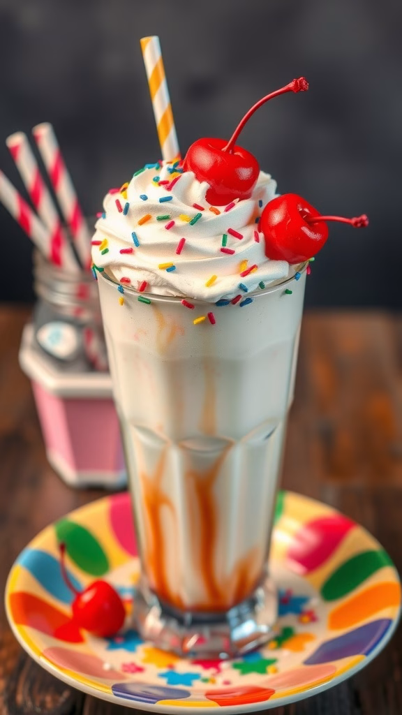 A colorful milkshake topped with whipped cream, sprinkles, and cherries, served on a vibrant plate.