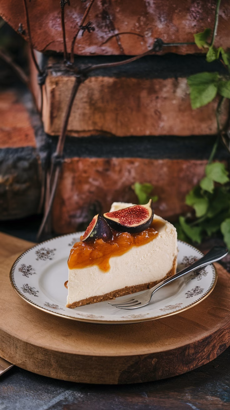 A slice of fig-infused cheesecake topped with fig jam on a decorative plate, set on a wooden board.