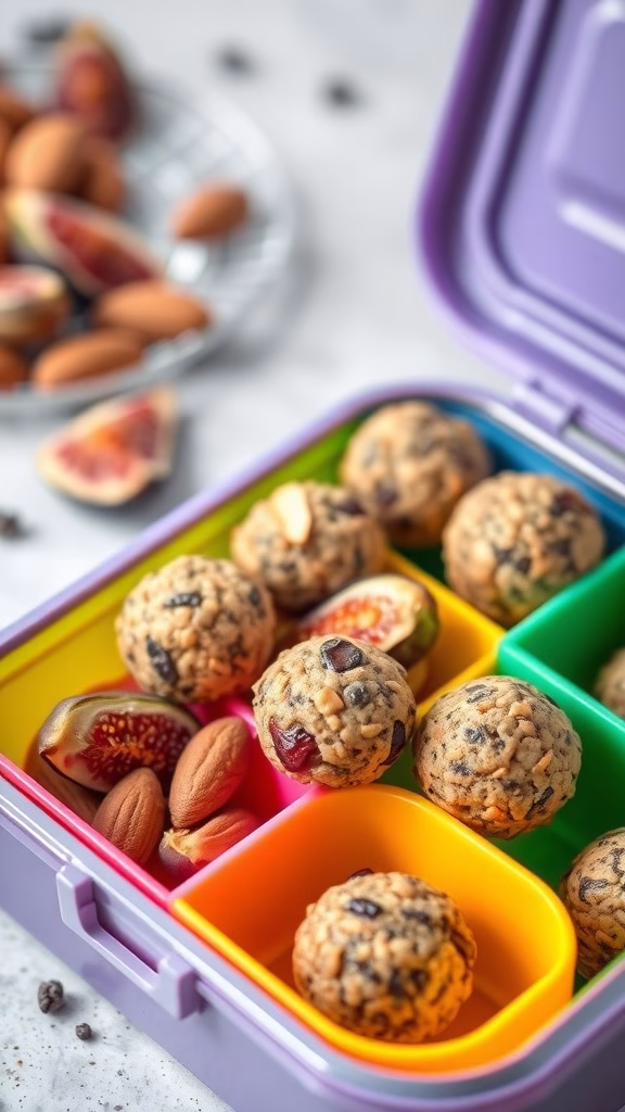 A colorful lunchbox segmented into sections with fig and almond energy bites, almonds, and fresh figs.
