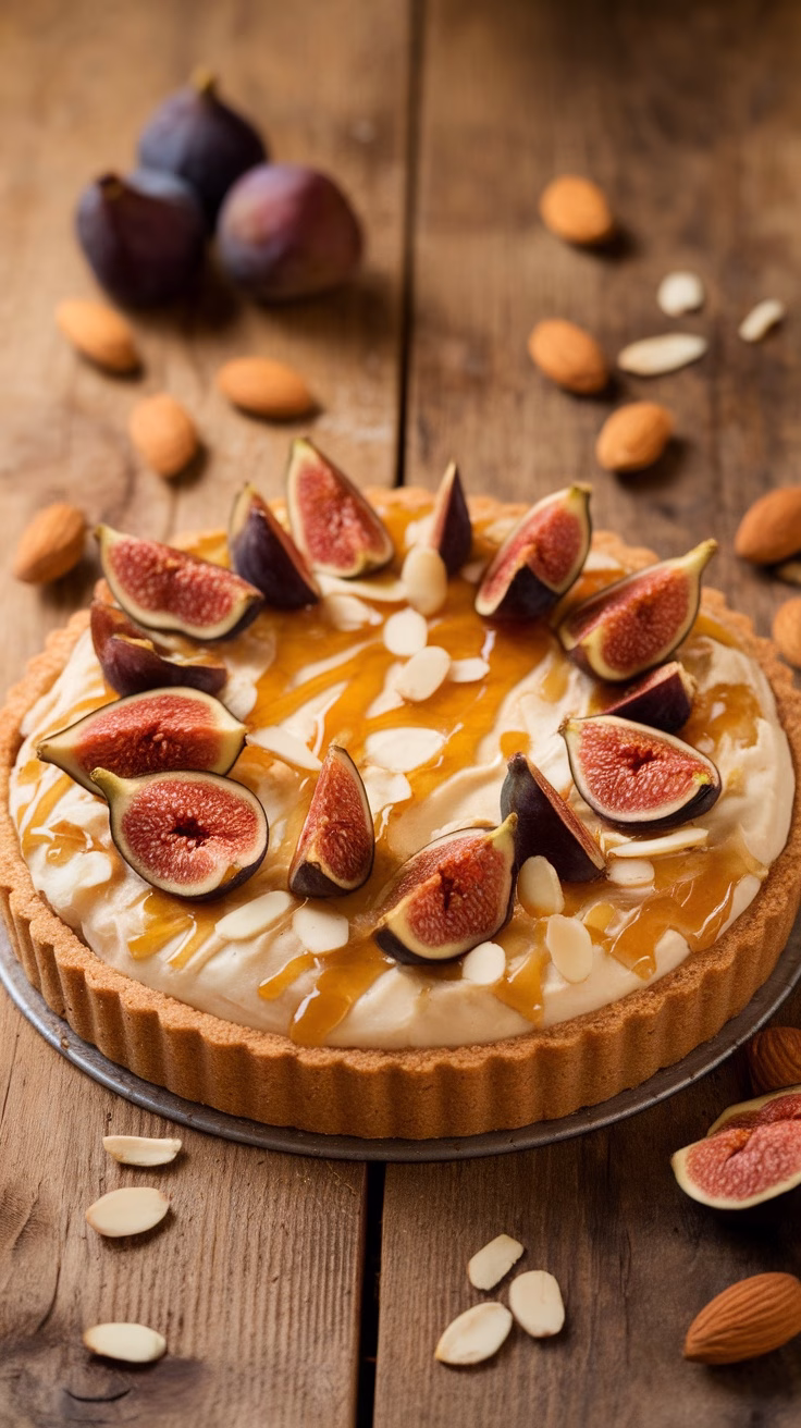 A beautifully arranged fig and almond tart topped with a honey glaze and fresh figs.