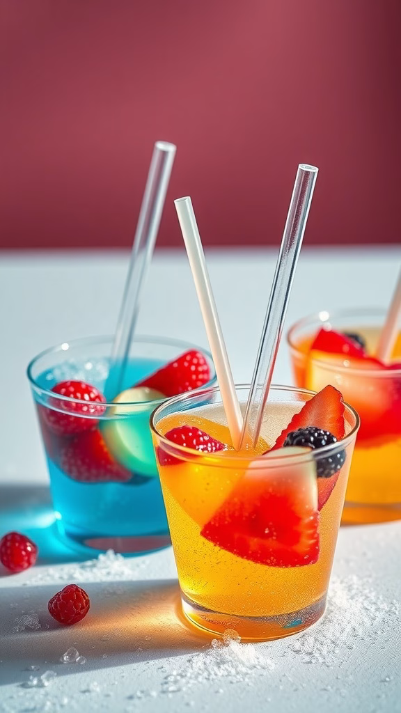 Colorful gelatin cups with fresh fruits and straws, featuring a bubbly and fizzy appearance.