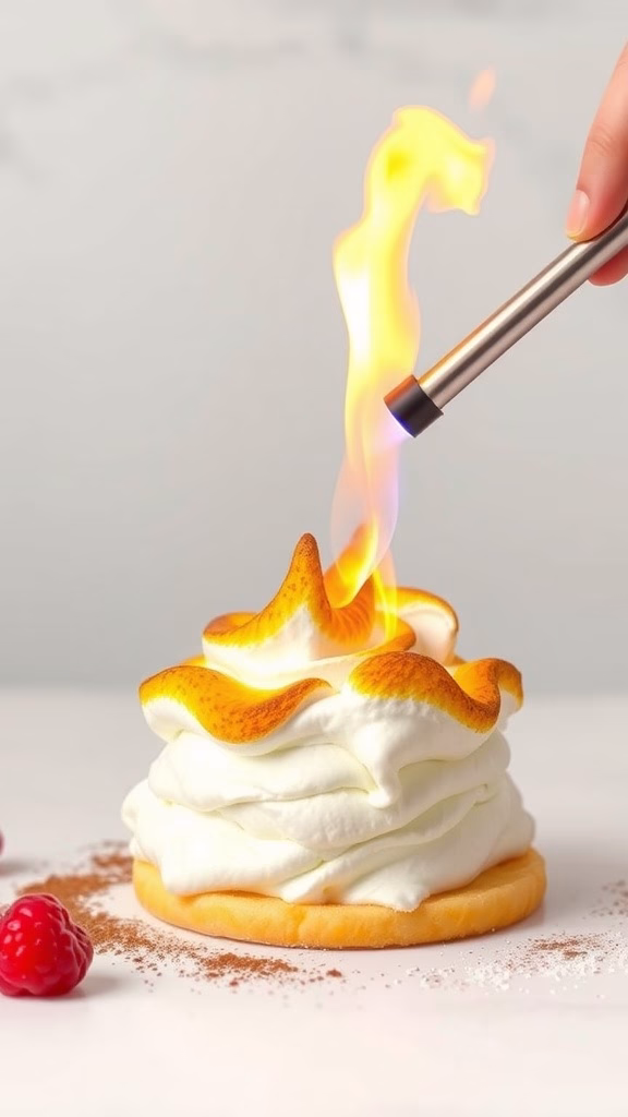 A beautifully presented Baked Alaska dessert with flames.