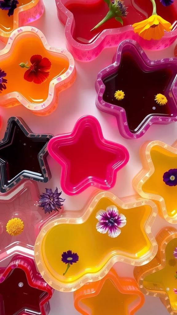 Colorful floral infused jellies in star-shaped molds with edible flowers.