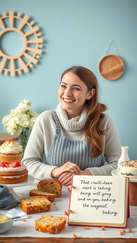 A smiling baker in a cozy kitchen surrounded by various baked goods, including cakes and bread.