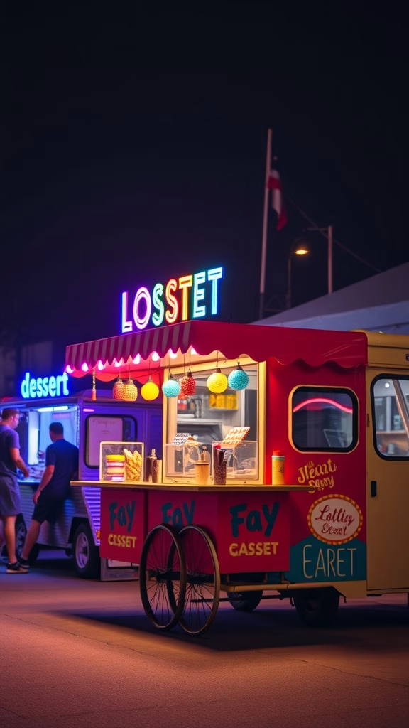 A colorful dessert cart illuminated with lights, surrounded by food trucks at a night market