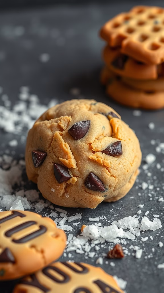 A ball of cookie dough with chocolate chips next to some cookies with playful messages, laid on a dark surface.