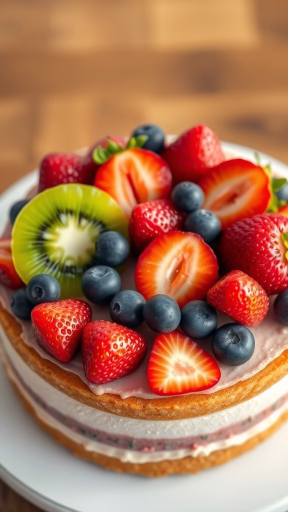 A beautifully decorated cake topped with a medley of fresh fruits