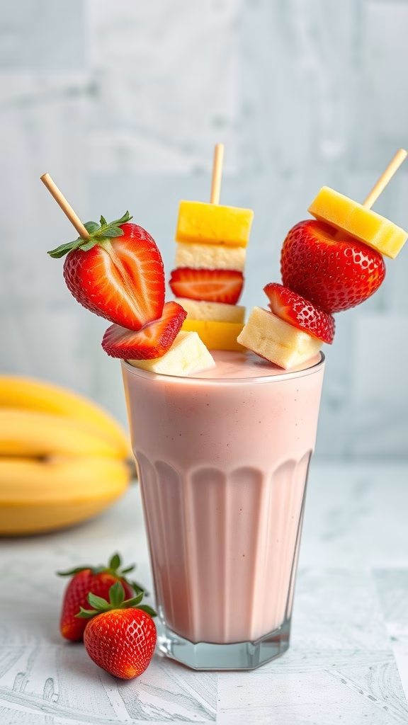 A glass of pink milkshake with fruit skewers on top, featuring strawberries, pineapple, and banana.