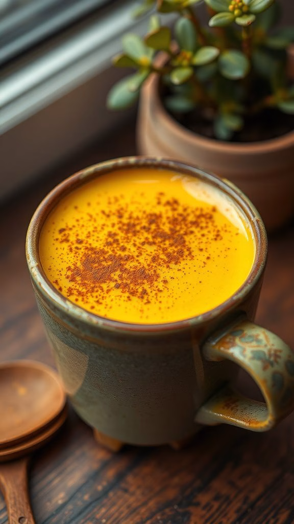 A cozy turmeric latte in a decorative mug topped with a sprinkle of cinnamon