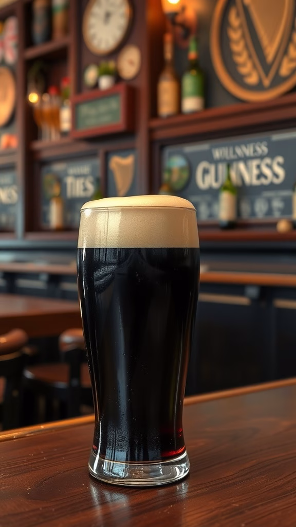 A frothy pint of Guinness stout served in a glass.