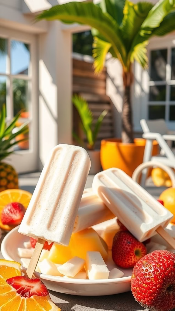 Delicious frozen coconut cream popsicles surrounded by fresh fruit.