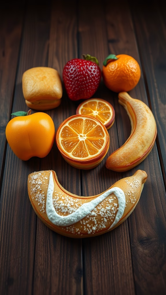 Colorful fruit-inspired pastries resembling bananas, strawberries, and oranges arranged on a wooden surface.
