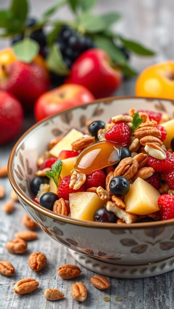 A colorful fruit and nut salad topped with honey in a decorative bowl.