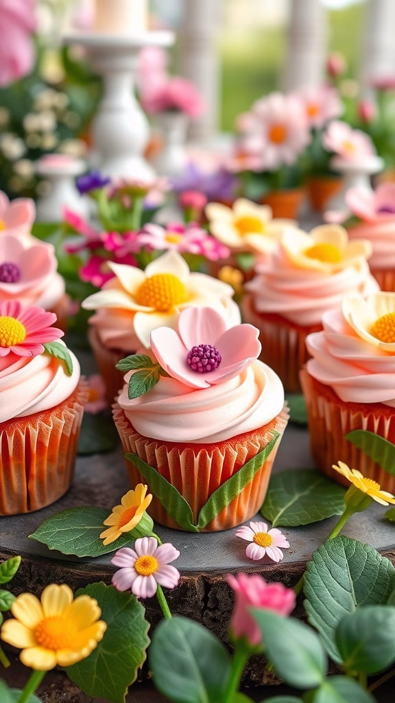 Garden Flower Cupcakes with colorful frosting and floral decorations