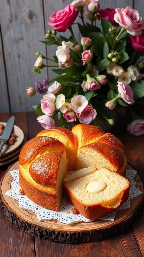 Gâteau Basque on a wooden serving platter with flowers in the background