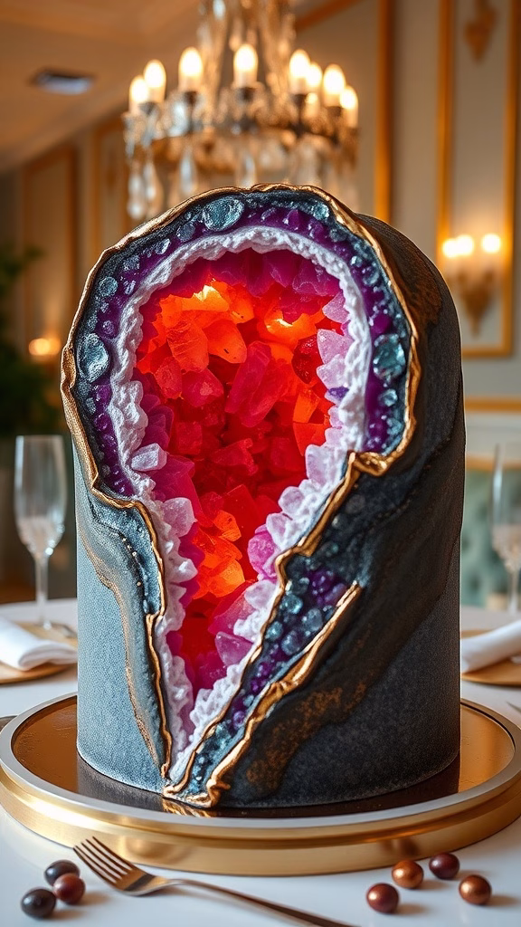 A beautifully decorated geode cake with colorful crystal accents.