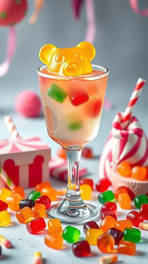 A vibrant Giant Gummy Bear Cocktail with colorful gummy candies