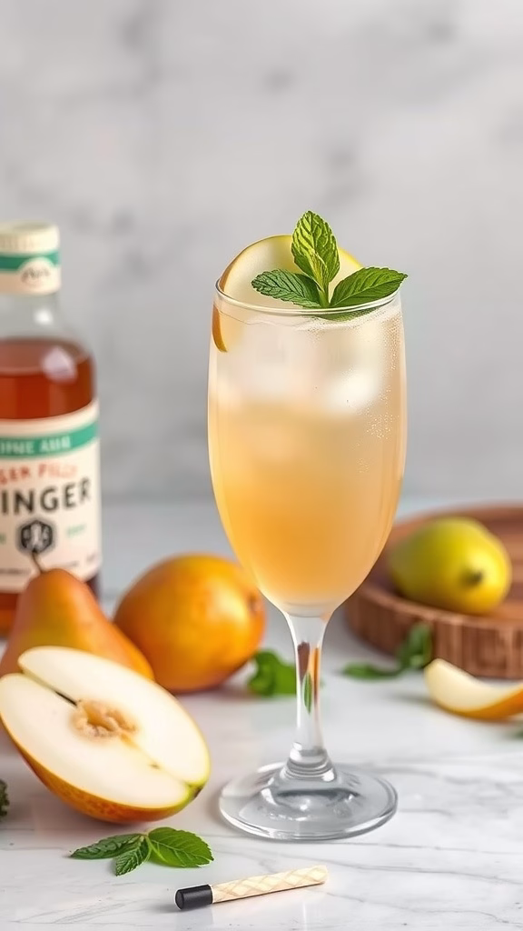 A refreshing Ginger and Pear Cider Fizz cocktail garnished with mint leaves.