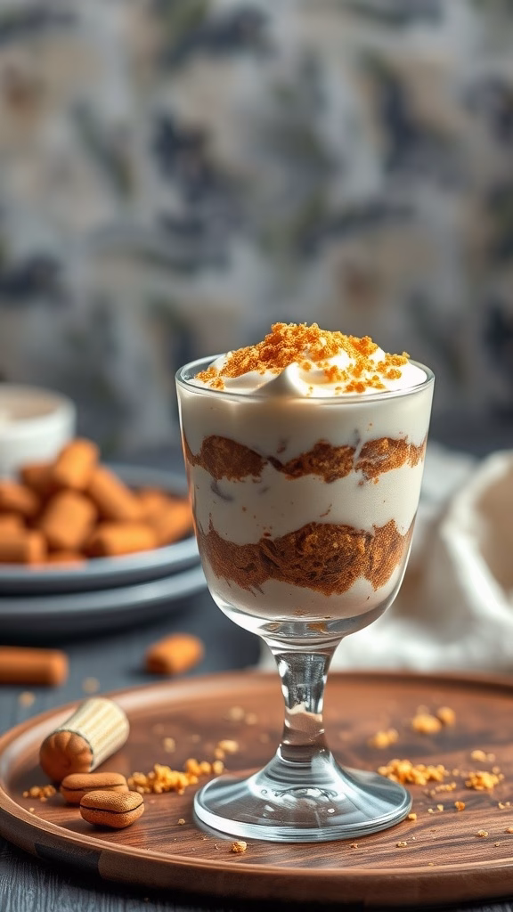 Gold Flake Tiramisu served in a crystal glass with layers of cream and ladyfingers topped with edible gold flakes.