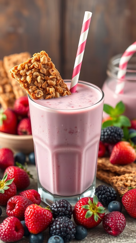 A milkshake with a granola bar dipped in it, surrounded by fresh berries.