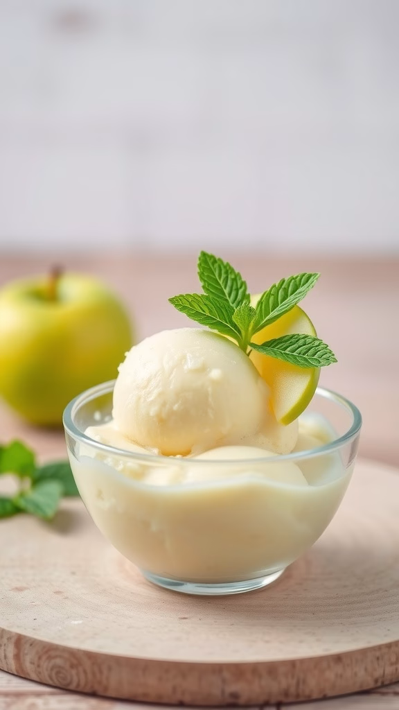 A bowl of green apple sorbet topped with mint leaves