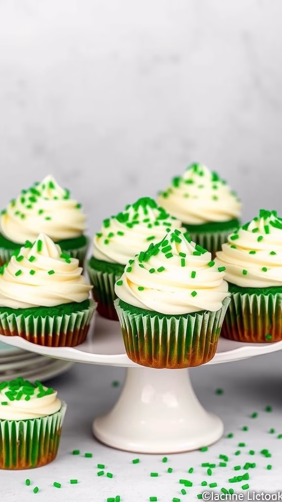Delicious green velvet cupcakes with cream cheese frosting and green sprinkles