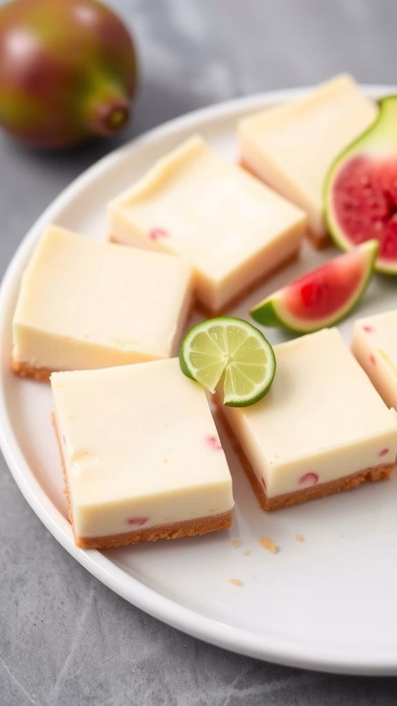 Guava and lime cheesecake bars on a plate with lime and guava slices.