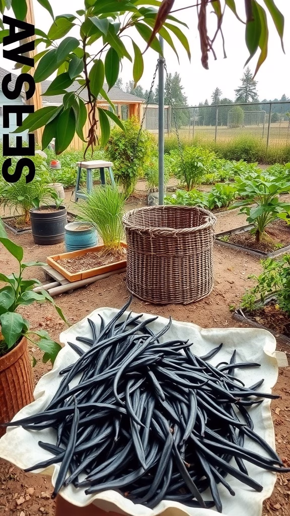 Freshly harvested vanilla beans drying in a garden setting.