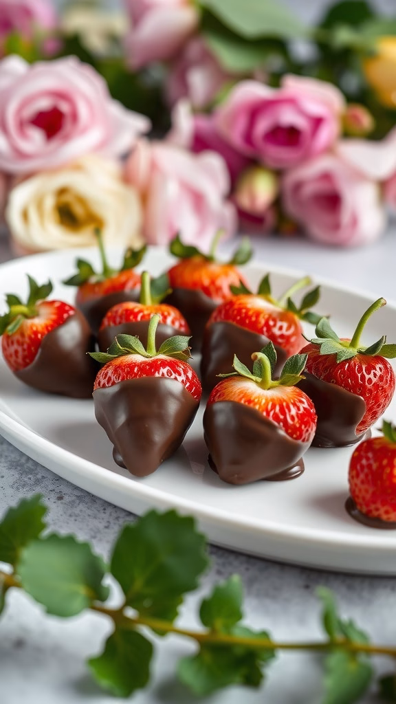 A plate of chocolate-covered strawberries drizzled with hazelnut chocolate spread, garnished with chopped hazelnuts.