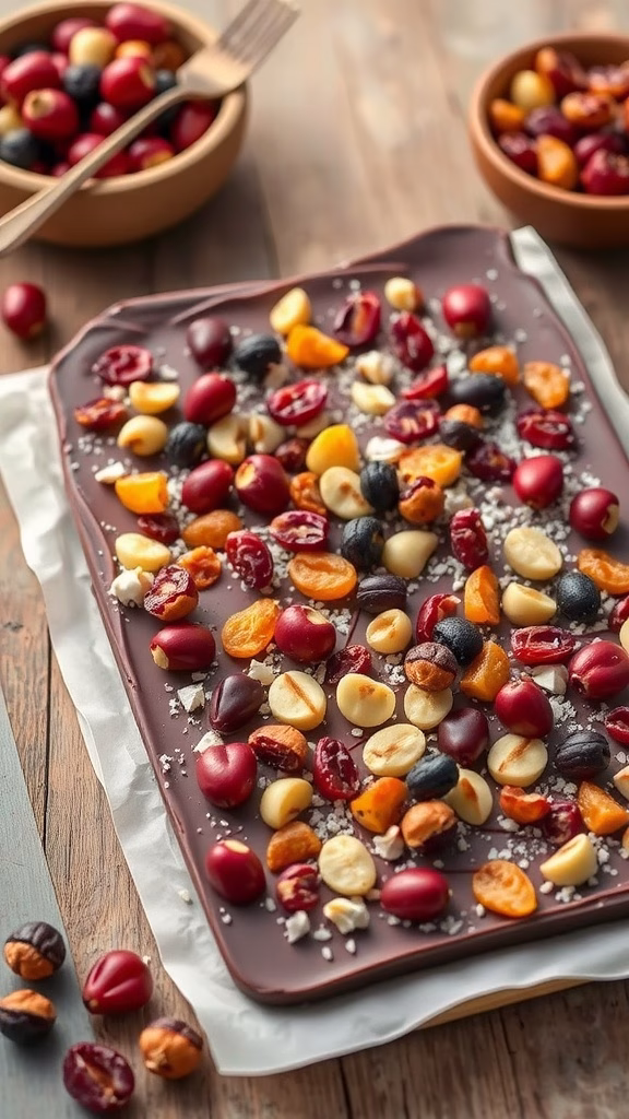 Delicious hazelnut chocolate bark topped with assorted dried fruits.