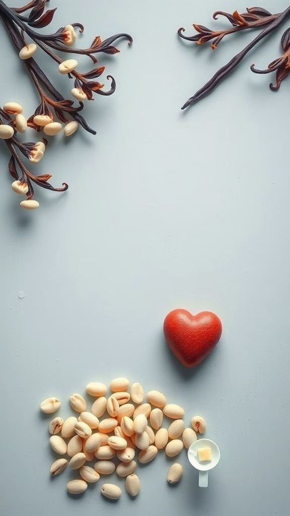 An arrangement of vanilla beans, seeds, and a red heart, symbolizing the love for vanilla.