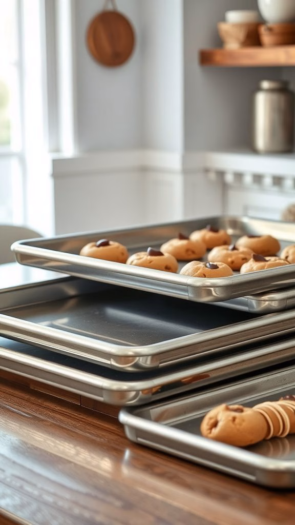 A stack of shiny baking sheets with cookie dough ready to be baked on a wooden countertop.