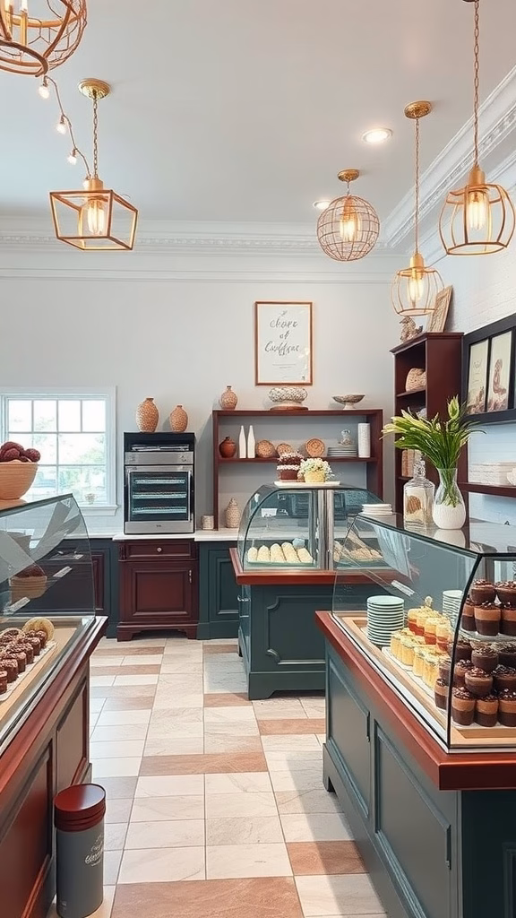 Interior of a dessert shop showcasing various sweets, bright lighting, and a welcoming atmosphere.