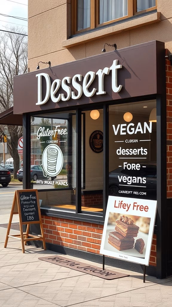 A dessert shop with a sign highlighting gluten-free and vegan options, showcasing enticing desserts.
