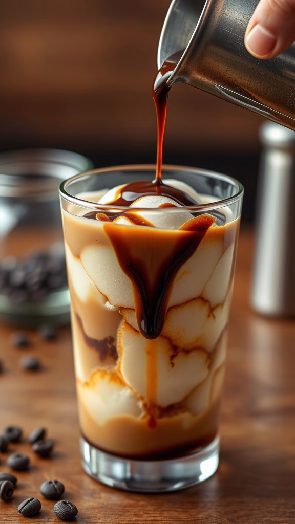 A glass of hojicha affogato with espresso.