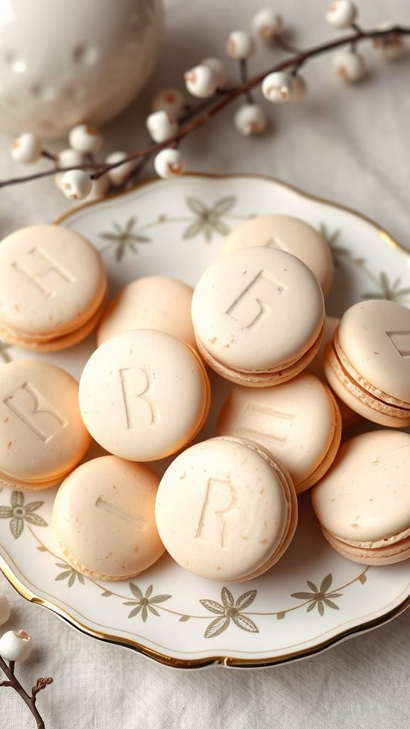 A plate of Hojicha and Vanilla Bean Macarons, showcasing elegant colors and textures.