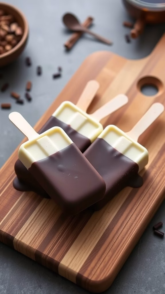 Hojicha ice cream bars coated with dark chocolate on a wooden board.